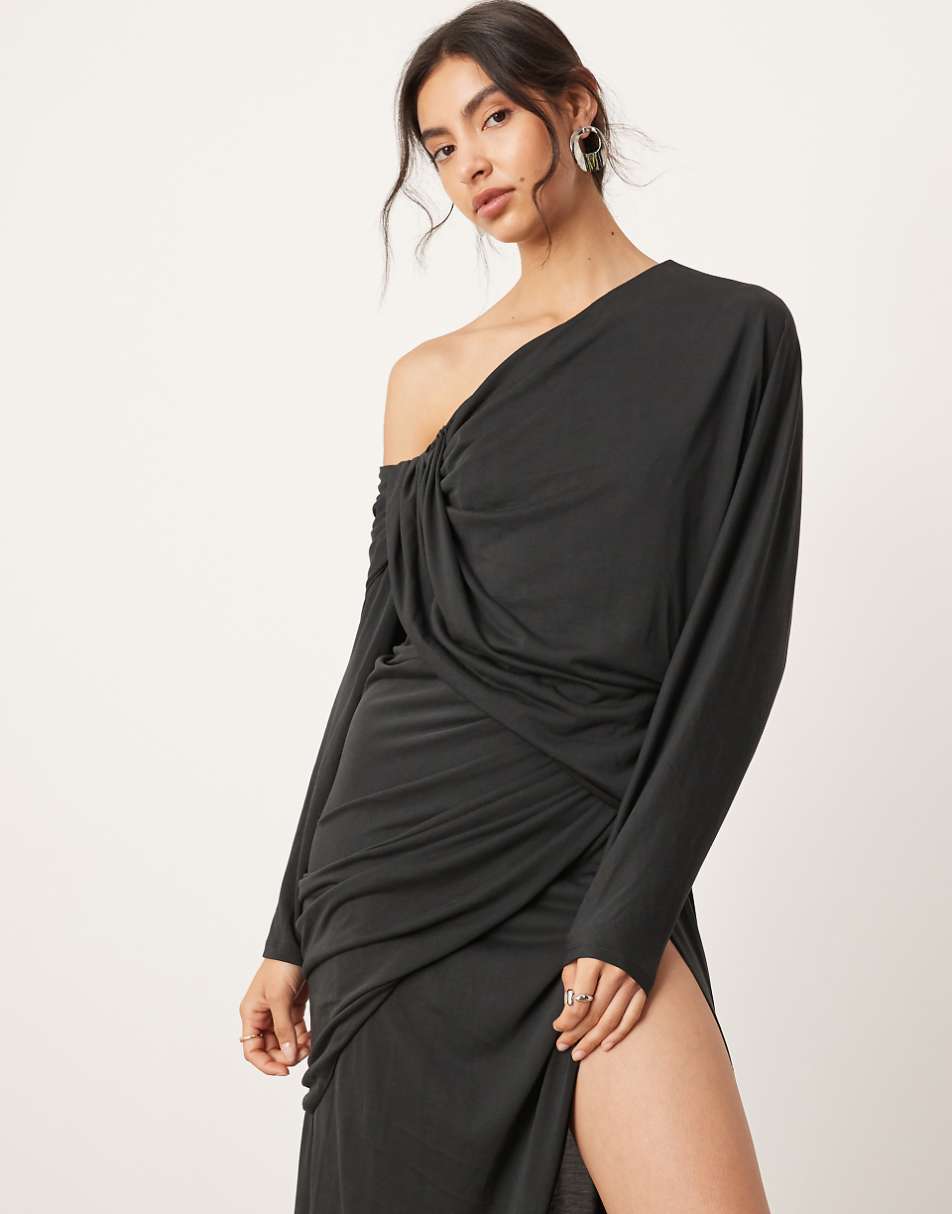 ASOS EDITION draped off shoulder maxi dress with waist detail in black