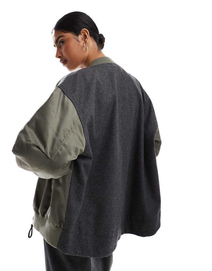 ASOS DESIGN spliced bomber jacket in olive and gray