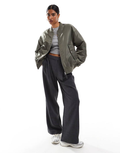 ASOS DESIGN spliced bomber jacket in olive and gray