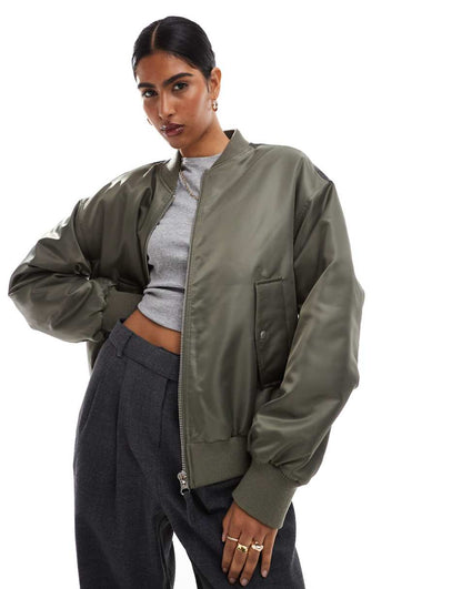 ASOS DESIGN spliced bomber jacket in olive and gray
