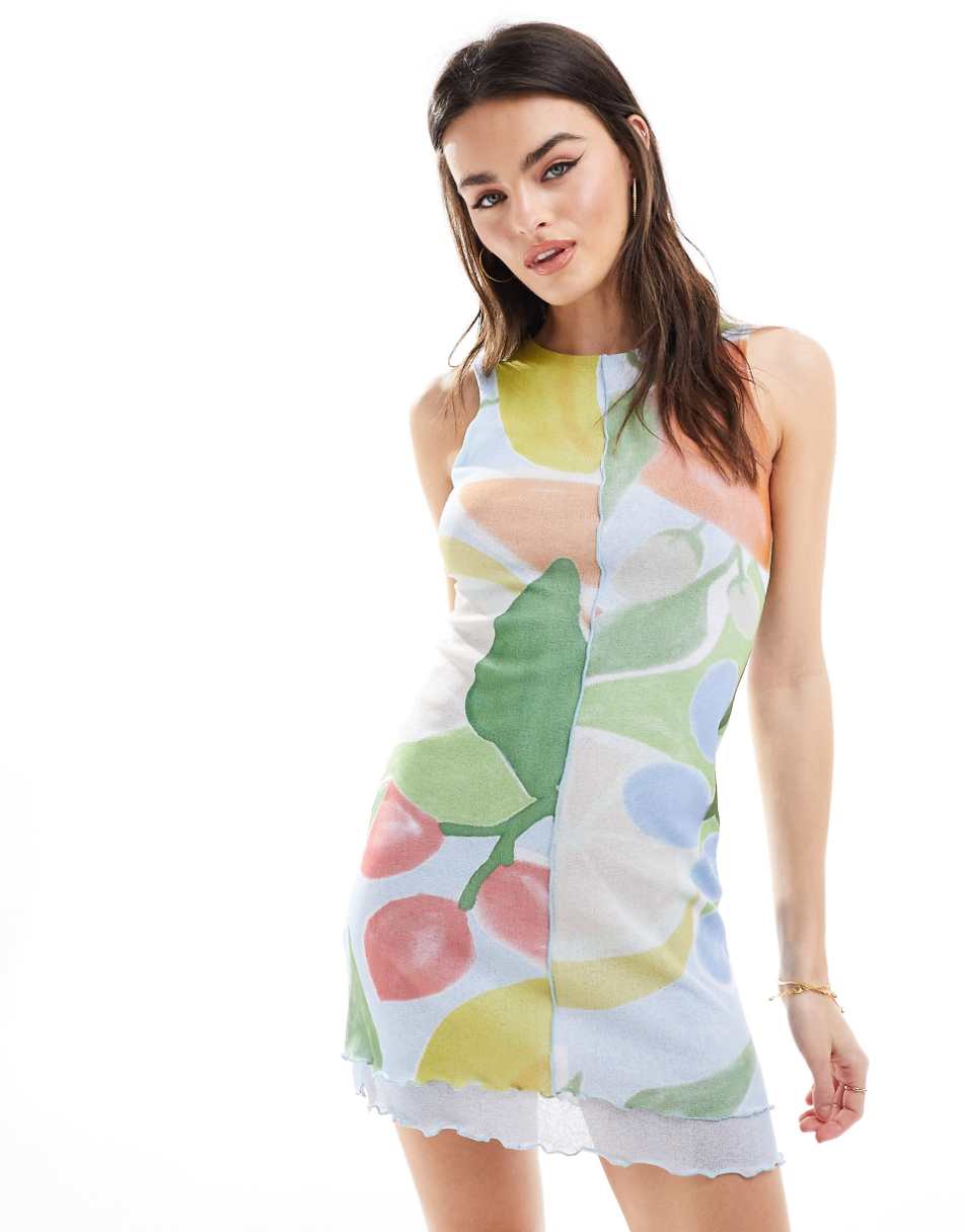 ASOS DESIGN double mesh layer sleeveless mini dress with seam detail in fruit print