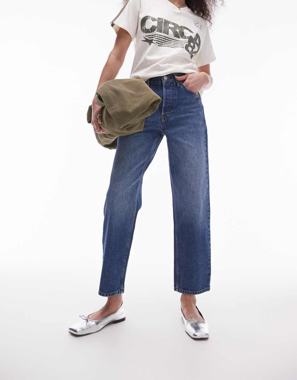 Topshop cropped mid rise Runway jeans in mid blue