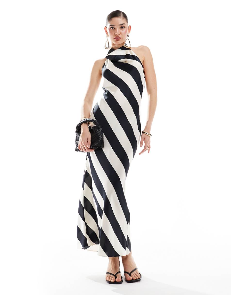 ASOS DESIGN high neck cowl midi dress in bold mono stripe