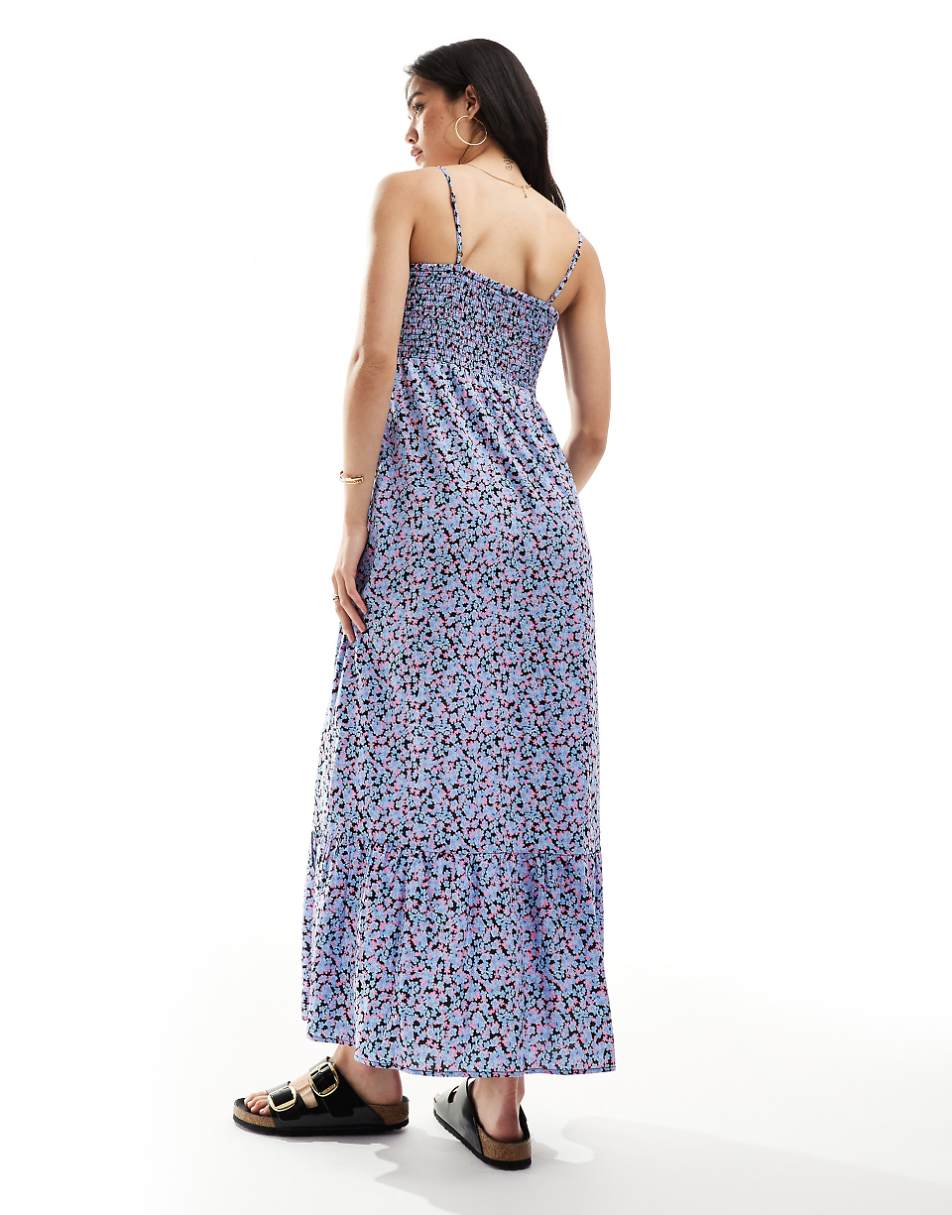 Vero Moda smocked bust maxi dress in blue floral print