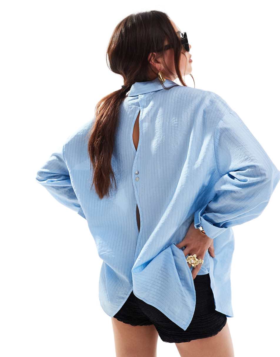 Vero Moda oversized shirt with double button open back detail in light blue