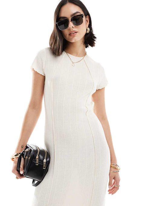 Vero Moda textured jersey ankle dress with lettuce edge in cream