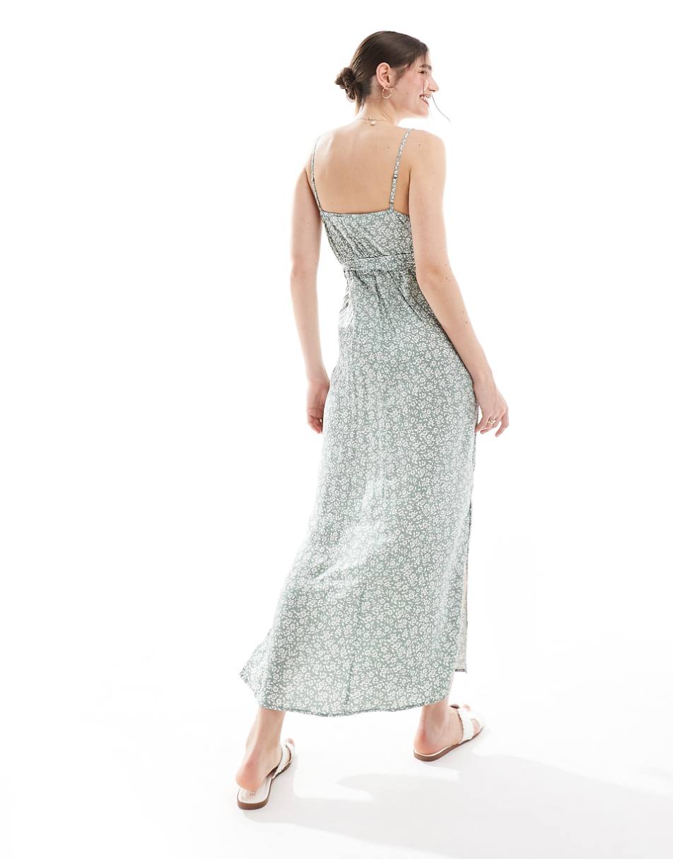 Vero Moda v neck maxi dress with tie waist in sage green floral