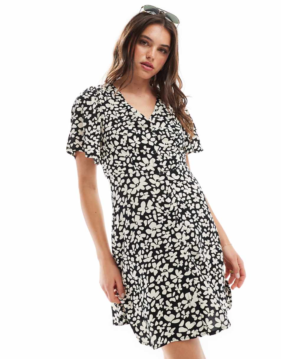 Vero Moda button through mini skater dress in black and cream floral