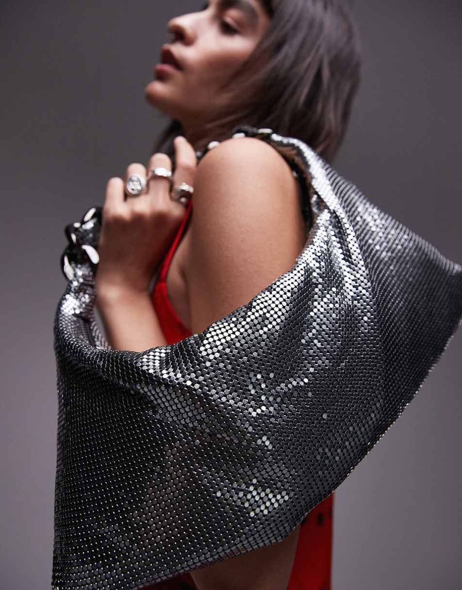 Topshop Sia chainmail shoulder bag with braided chain handle in gunmetal