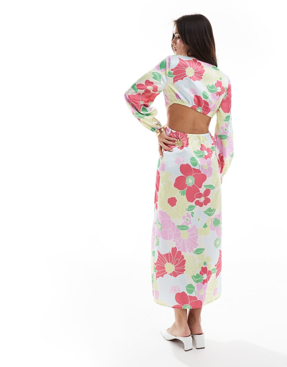 YAS satin cut out midaxi dress in pink retro floral