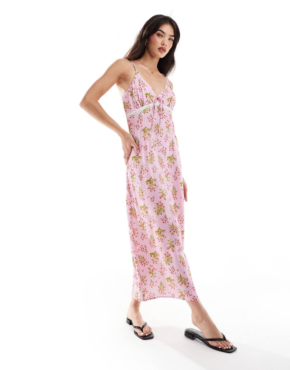 YAS cami maxi dress with lace detail and bow in pink floral spot print