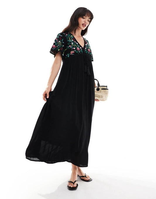 YAS embroidered v neck maxi dress in black