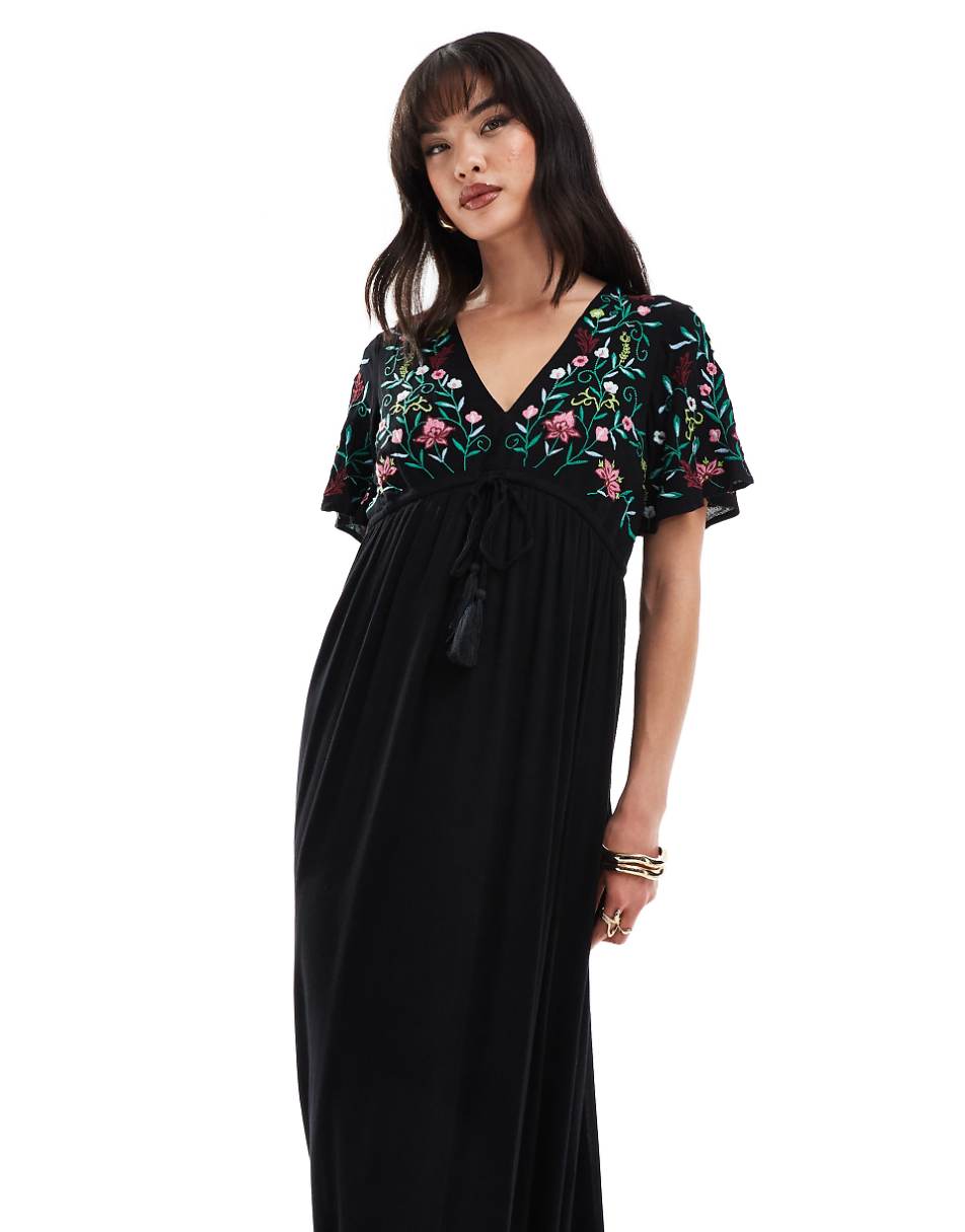 YAS embroidered v neck maxi dress in black