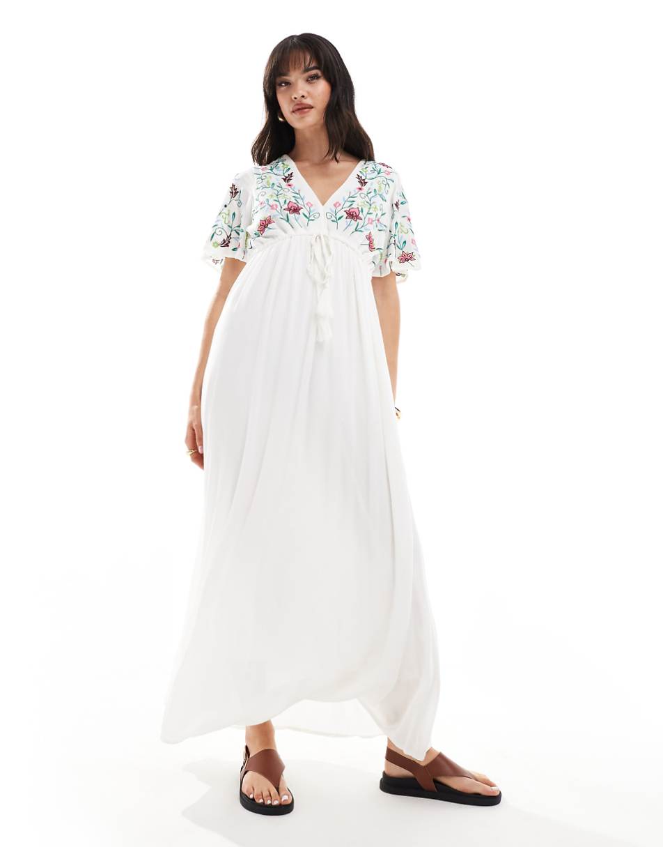 YAS embroidered v neck maxi dress in white