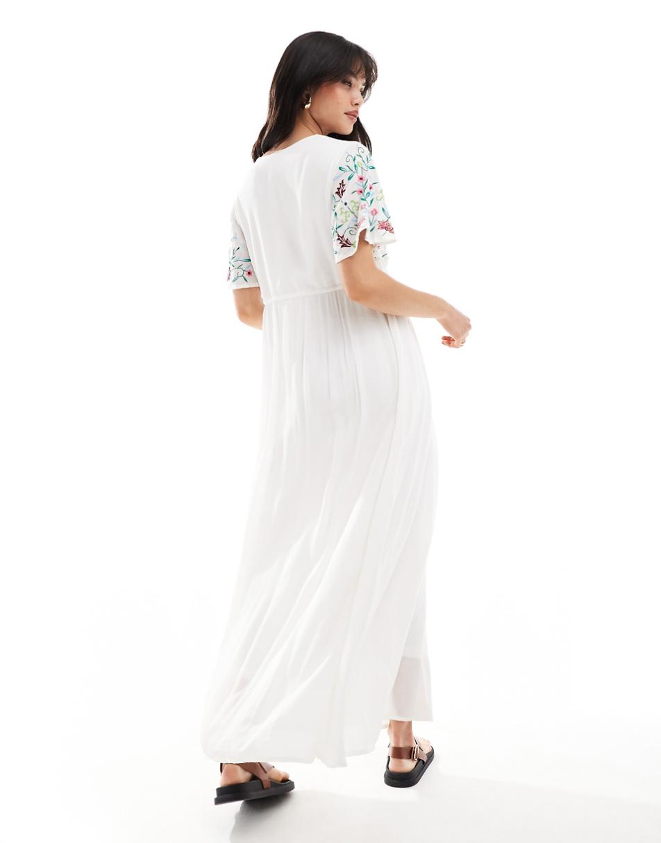 YAS embroidered v neck maxi dress in white