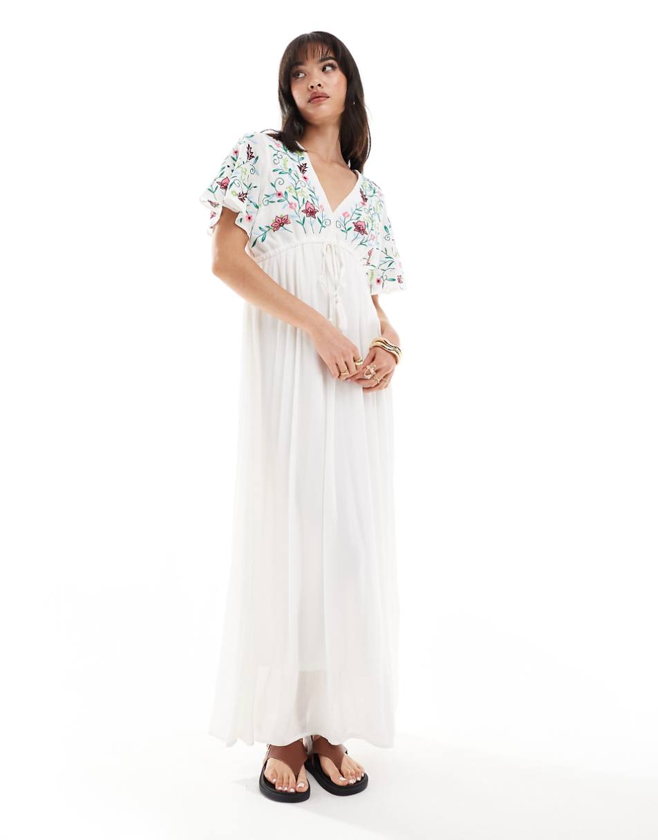 YAS embroidered v neck maxi dress in white