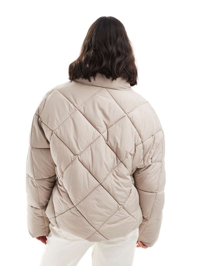 Miss Selfridge oversized quilted funnel neck crop puffer jacket in mushroom