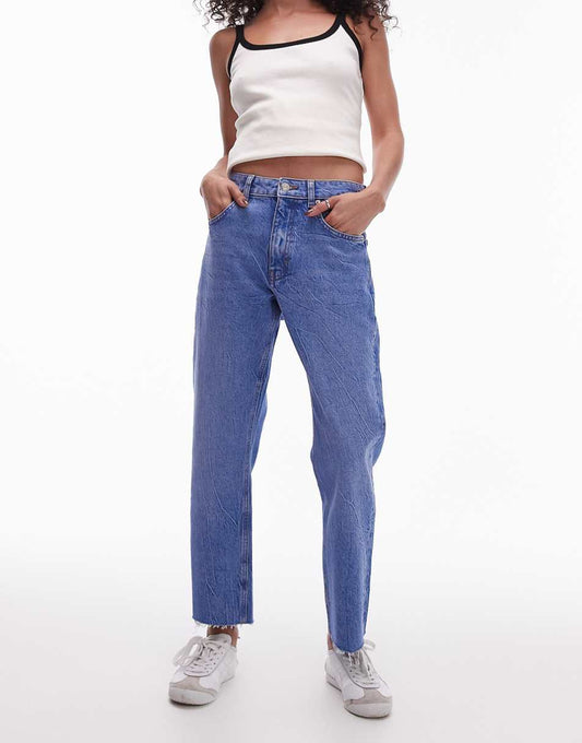 Topshop cropped mid rise straight jeans with raw hems in bright mid blue