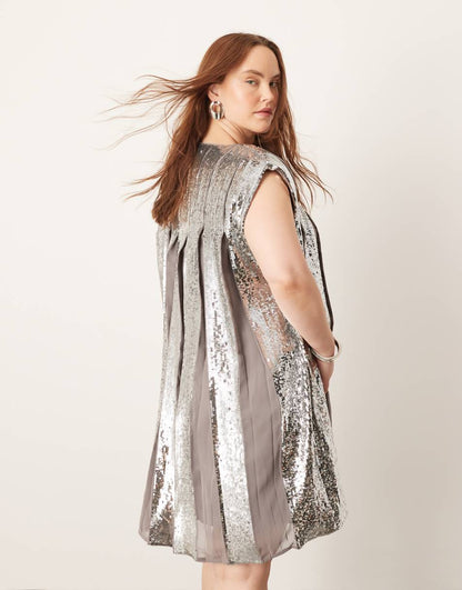 ASOS EDITION Curve embellished allover sequin pleat trapeze mini dress in gray