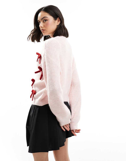 Miss Selfridge bow detail cardigan in soft pink