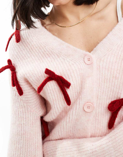 Miss Selfridge bow detail cardigan in soft pink
