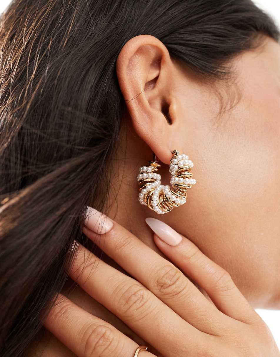 ASOS DESIGN 30mm hoop earring with wrap faux pearl wrap design in gold tone