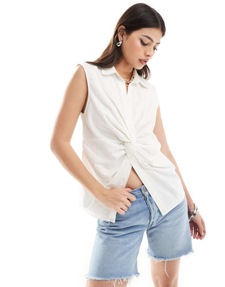 French Connection Aoife linen mix twist shirt in white