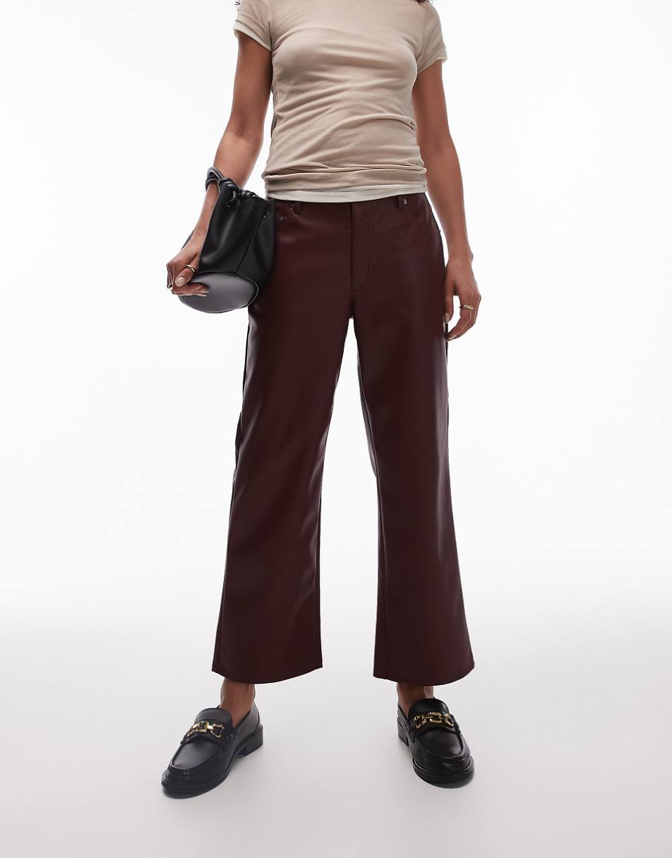 Topshop ankle grazer straight leg faux leather pants in oxblood