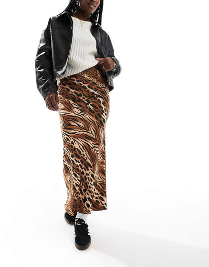 ASOS DESIGN satin bias midi skirt in animal print