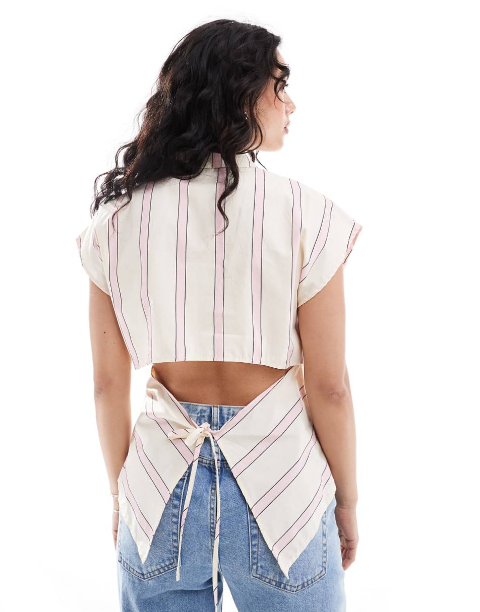 ASOS DESIGN sleeveless ruched front open back shirt in pink and white stripe