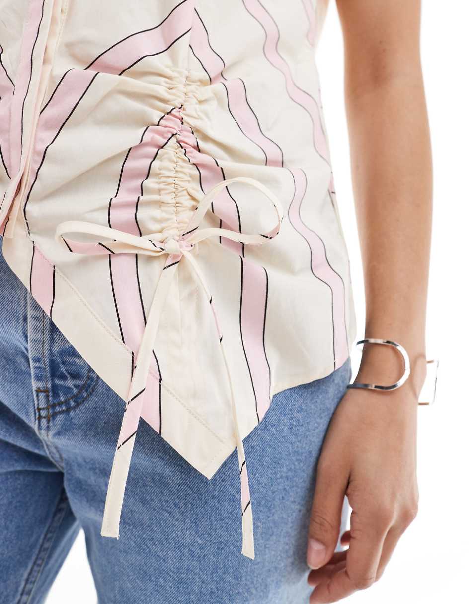 ASOS DESIGN sleeveless ruched front open back shirt in pink and white stripe