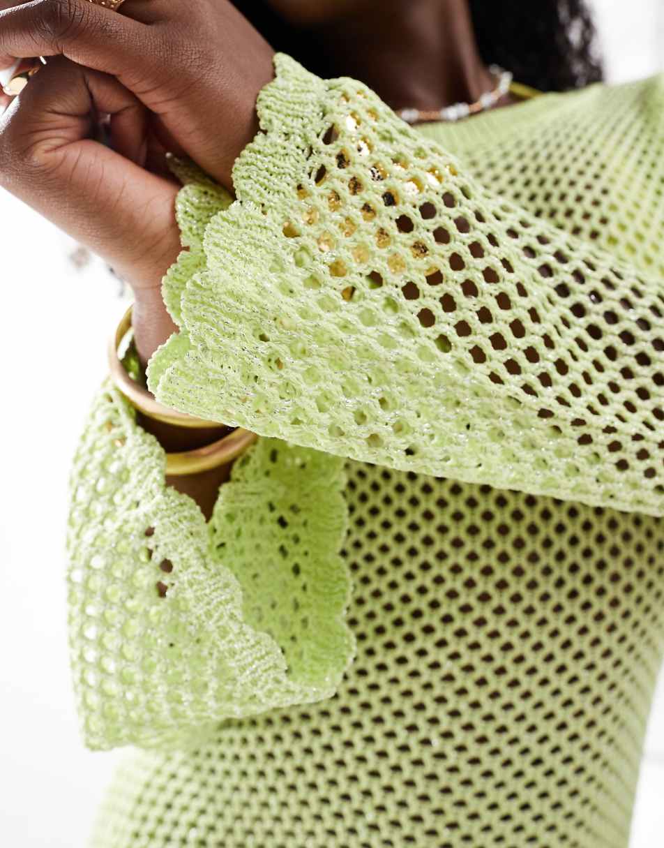 South Beach glitter mini crochet beach dress in chartreuse