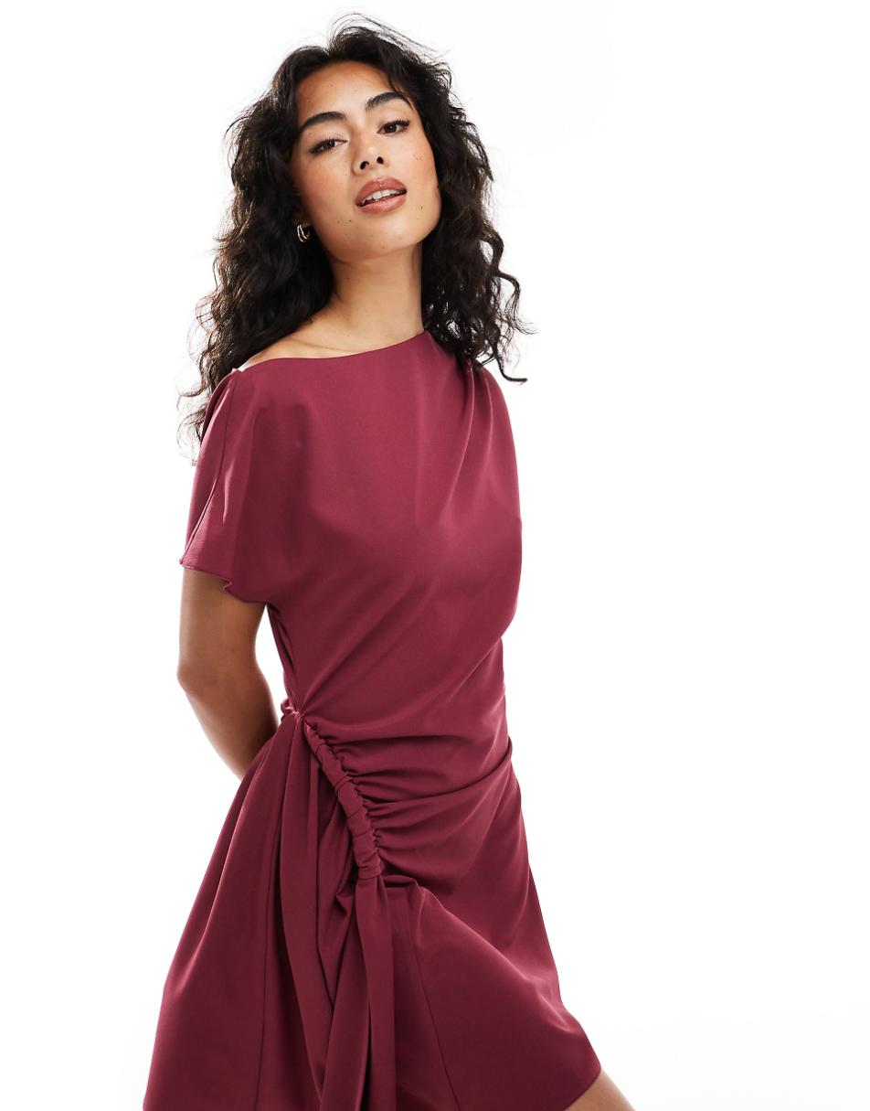 ASOS DESIGN dropped shoulder twist detail mini dress in burgundy