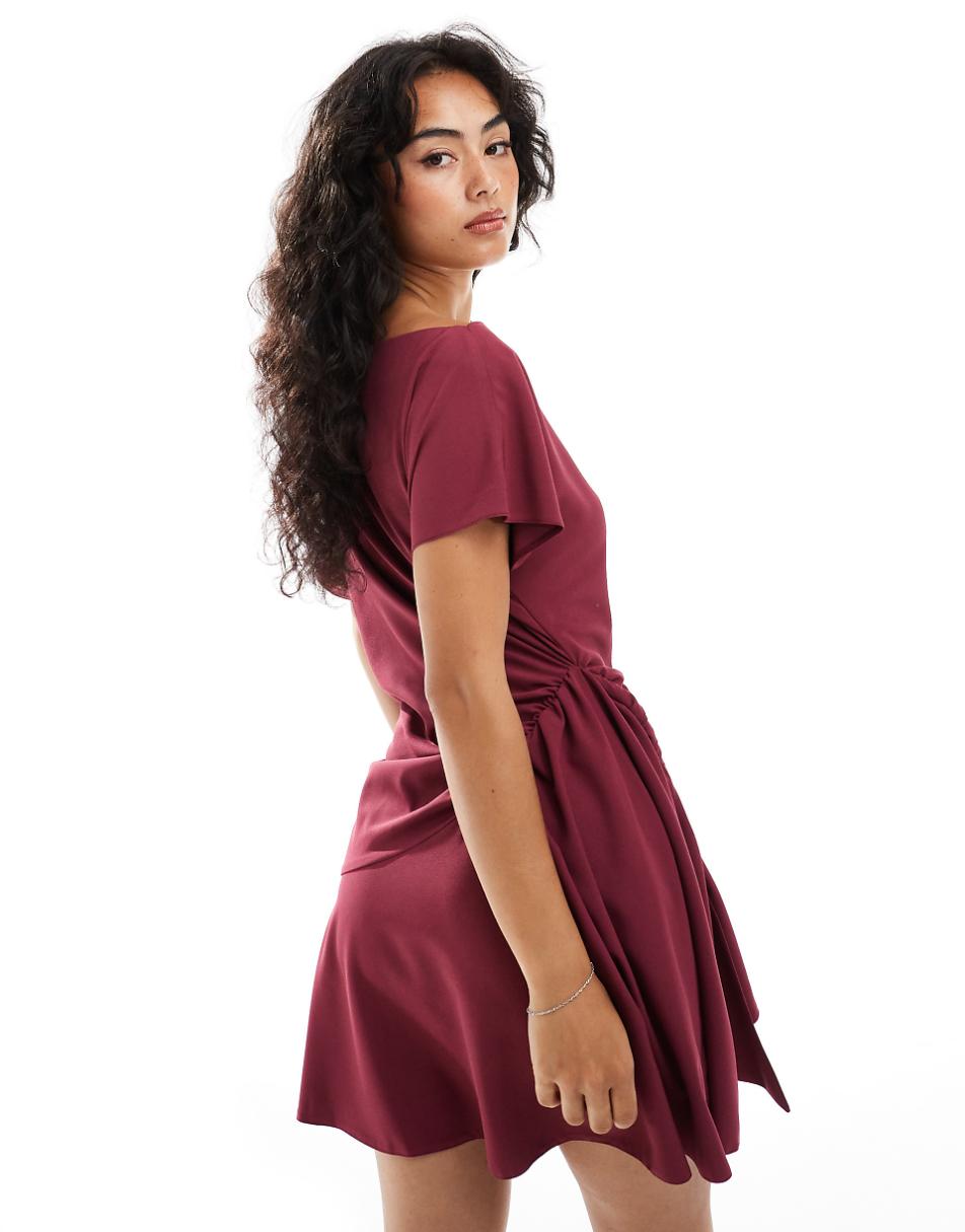 ASOS DESIGN dropped shoulder twist detail mini dress in burgundy