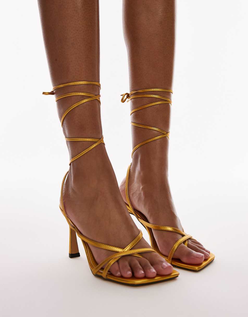 Topshop Wide Fit Faye strappy high heel sandals in gold