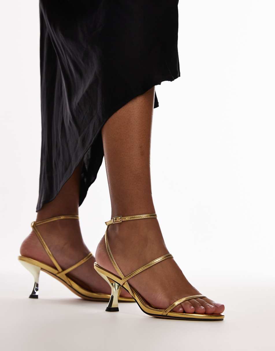 Topshop Iva minimal strappy mid heel sandals in gold