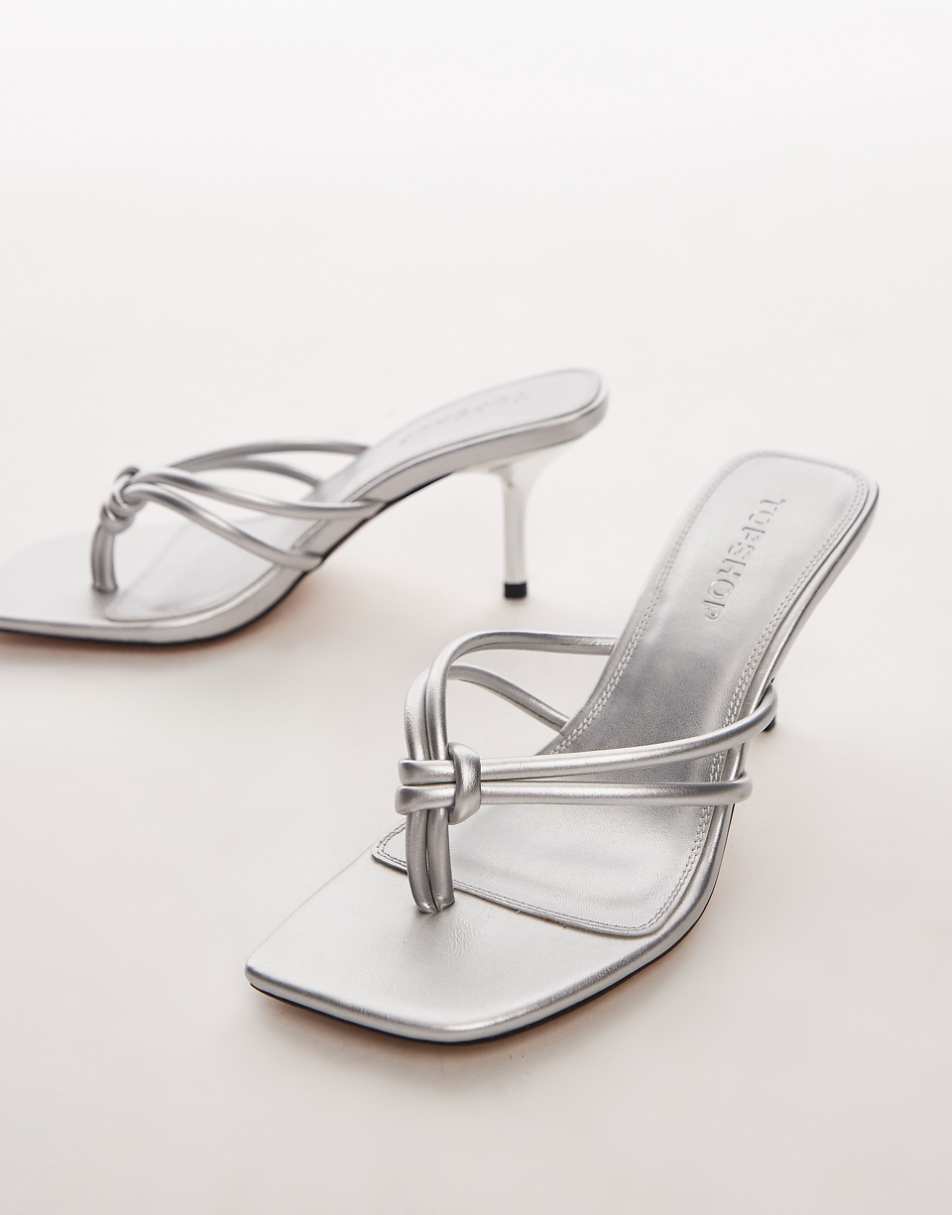 Topshop Femi toe post heeled sandals with knot detail in silver