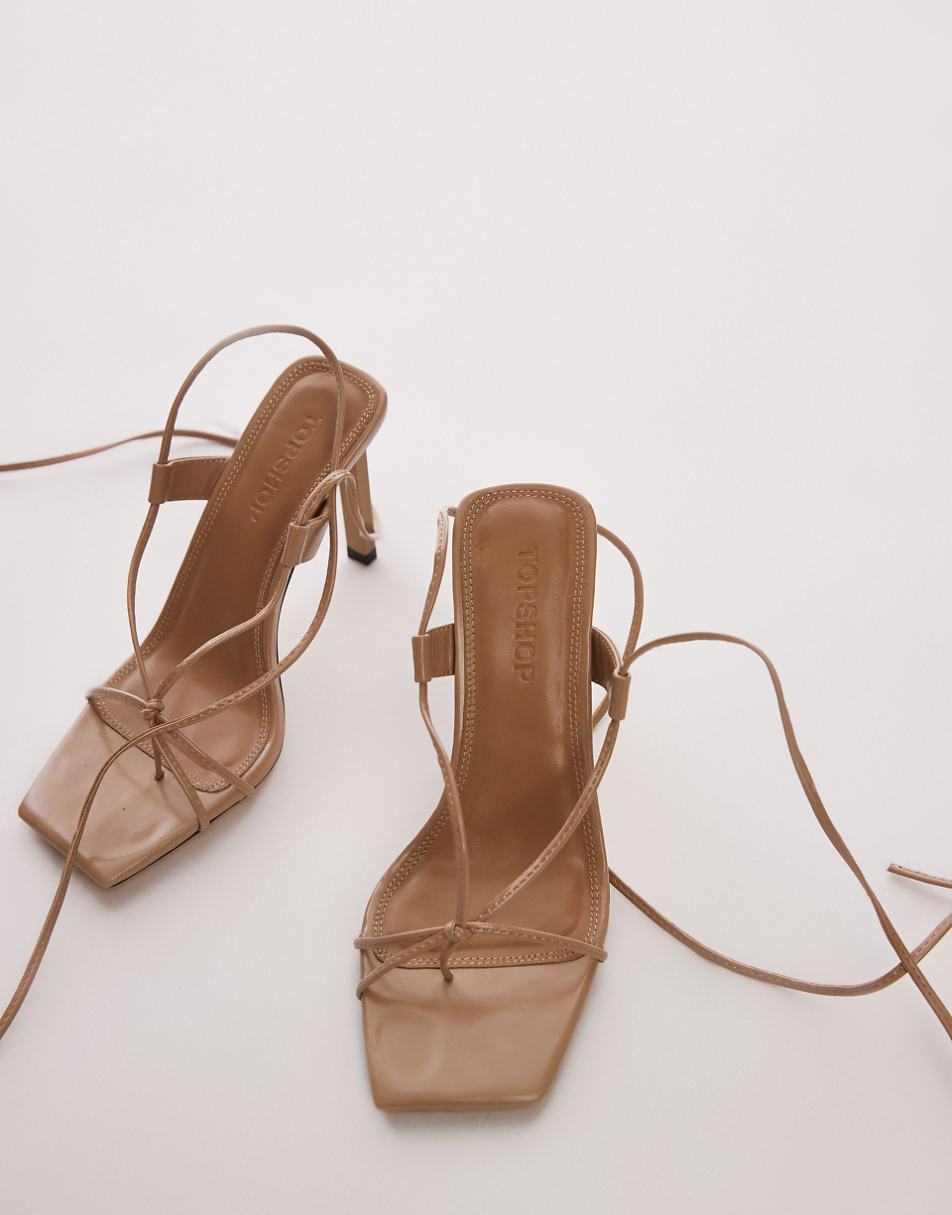 Topshop Gomez high heeled sandals with ankle ties in taupe