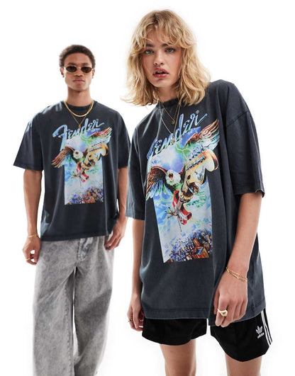 ASOS DESIGN unisex oversized licensed T-shirt with Fender Guitar graphic prints in washed black
