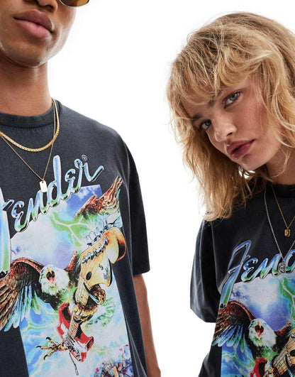 ASOS DESIGN unisex oversized licensed T-shirt with Fender Guitar graphic prints in washed black