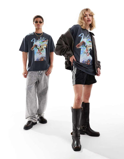 ASOS DESIGN unisex oversized licensed T-shirt with Fender Guitar graphic prints in washed black