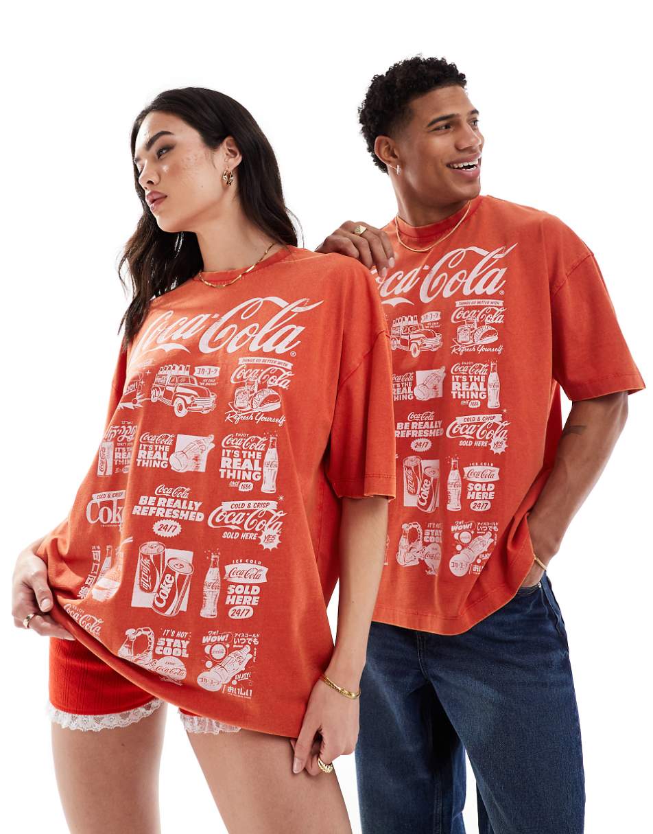 ASOS DESIGN unisex oversized licensed T-shirt with Coca-Cola graphic front print in washed red