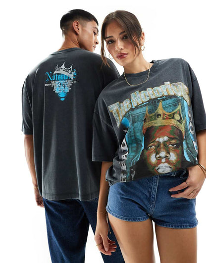 ASOS DESIGN unisex oversized licensed T-shirt with Biggie Smalls graphic prints in washed black