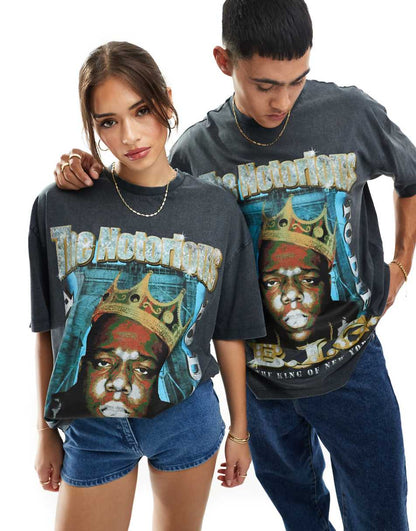 ASOS DESIGN unisex oversized licensed T-shirt with Biggie Smalls graphic prints in washed black