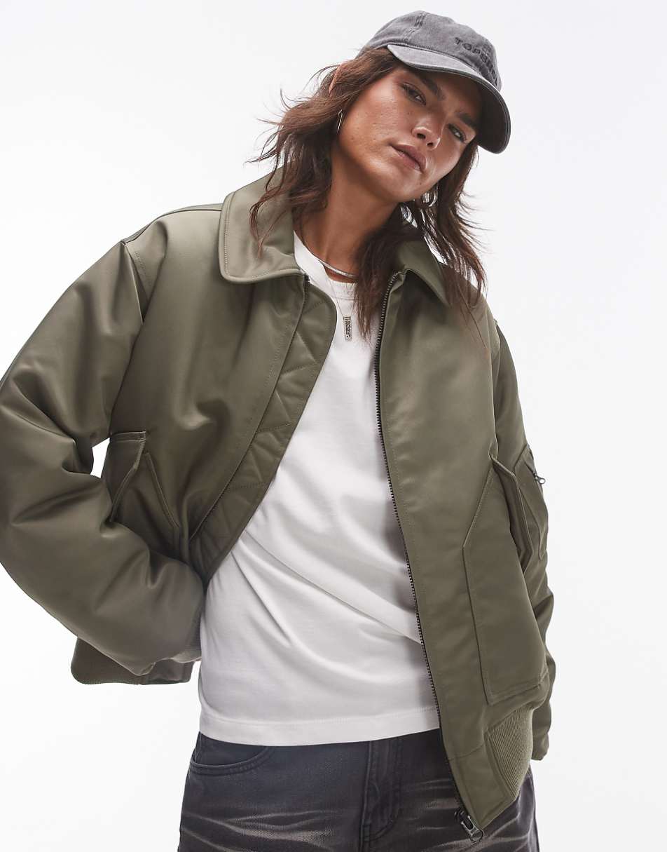 Topshop twill nylon bomber jacket in khaki