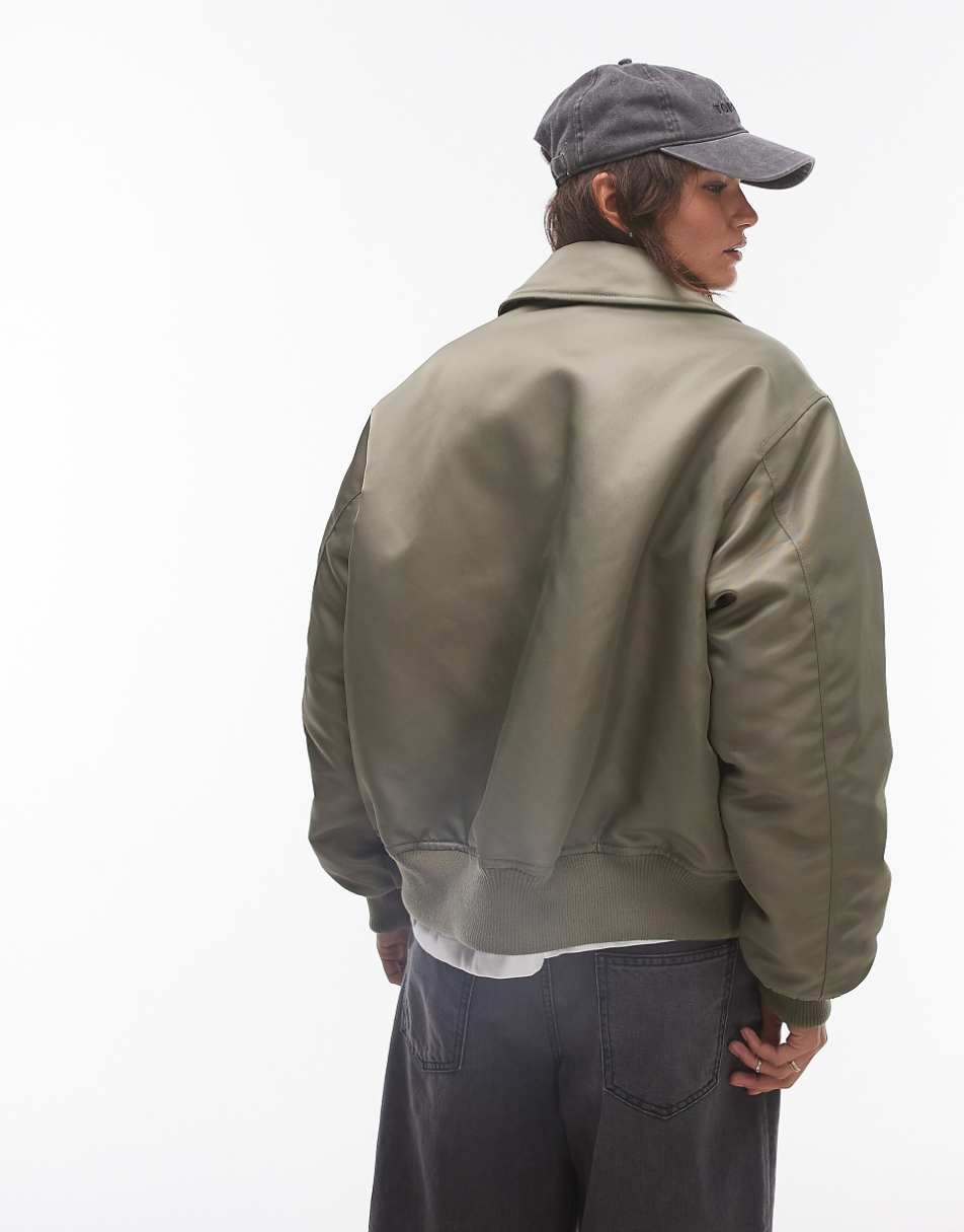 Topshop twill nylon bomber jacket in khaki