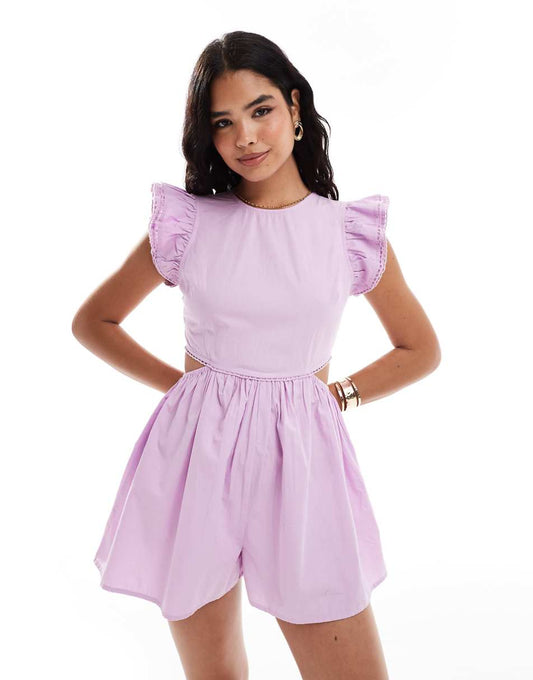 ASOS DESIGN cut out waist ruffle sleeve romper in lilac