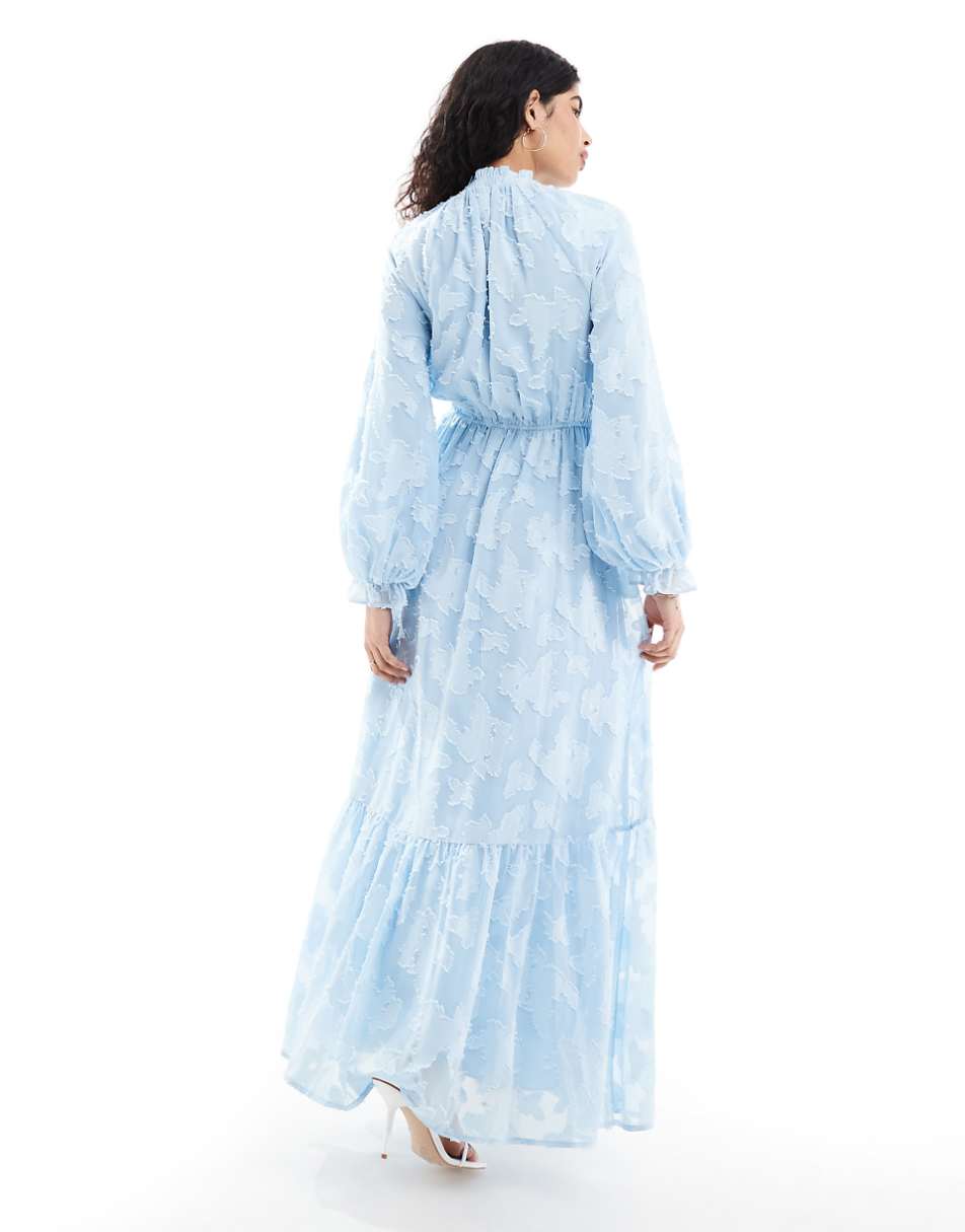 ASOS DESIGN high neck big sleeve jacquard maxi dress in sky blue