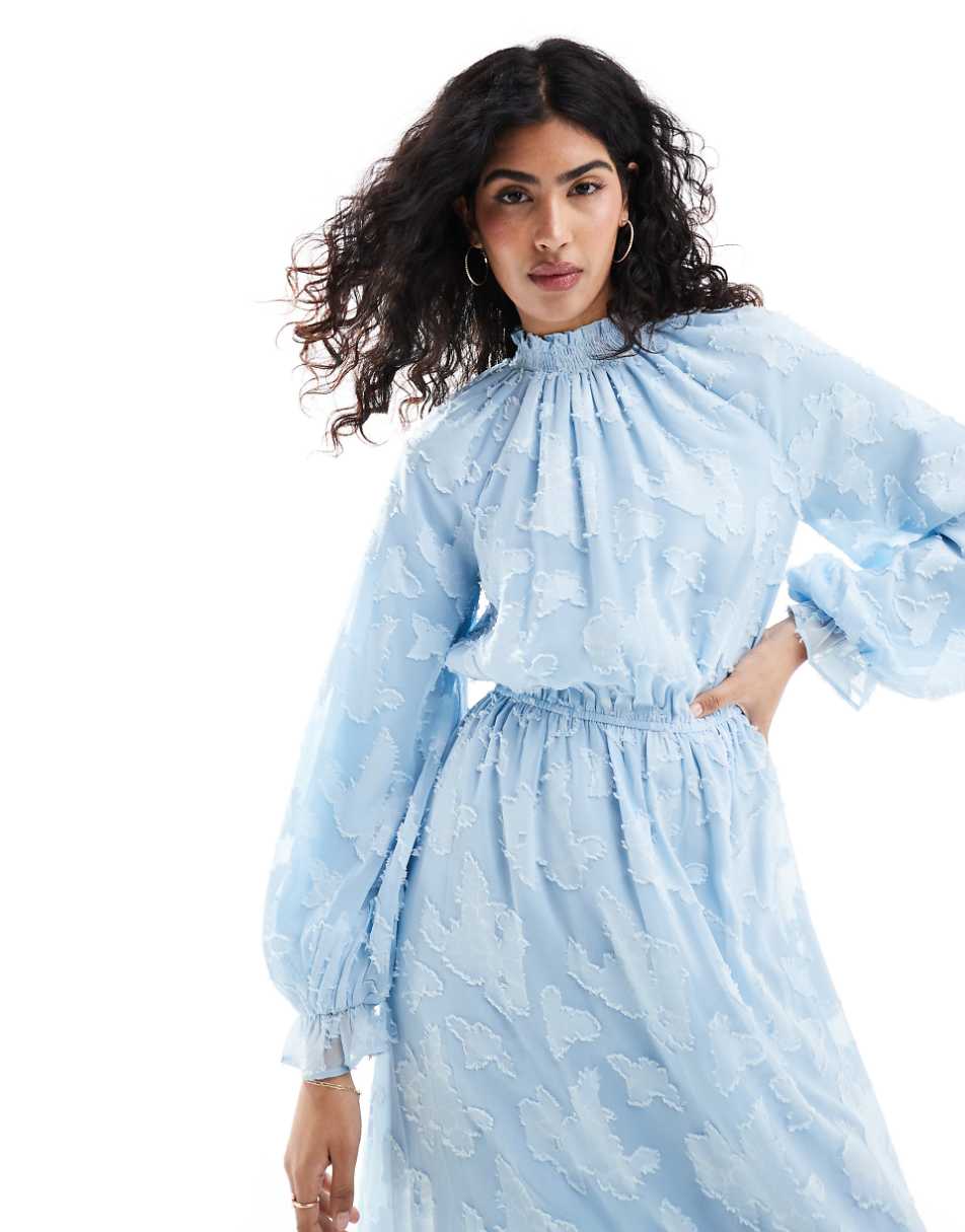 ASOS DESIGN high neck big sleeve jacquard maxi dress in sky blue