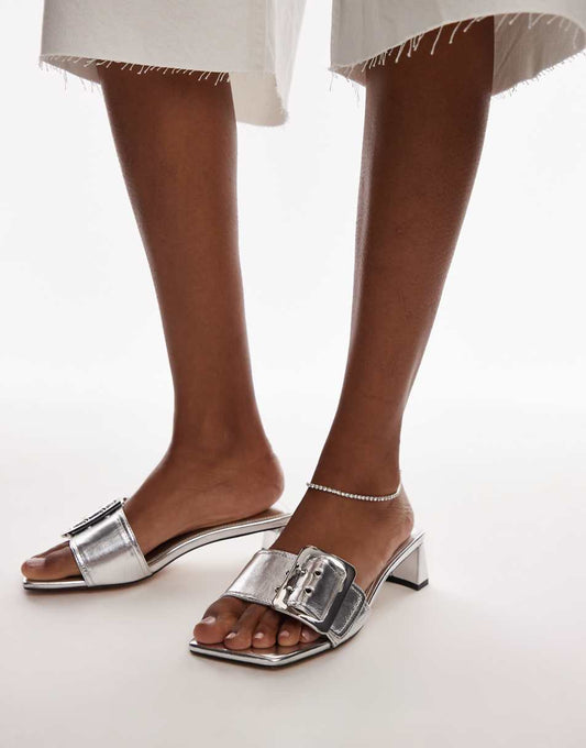 Topshop Ila heeled mules with buckle in silver